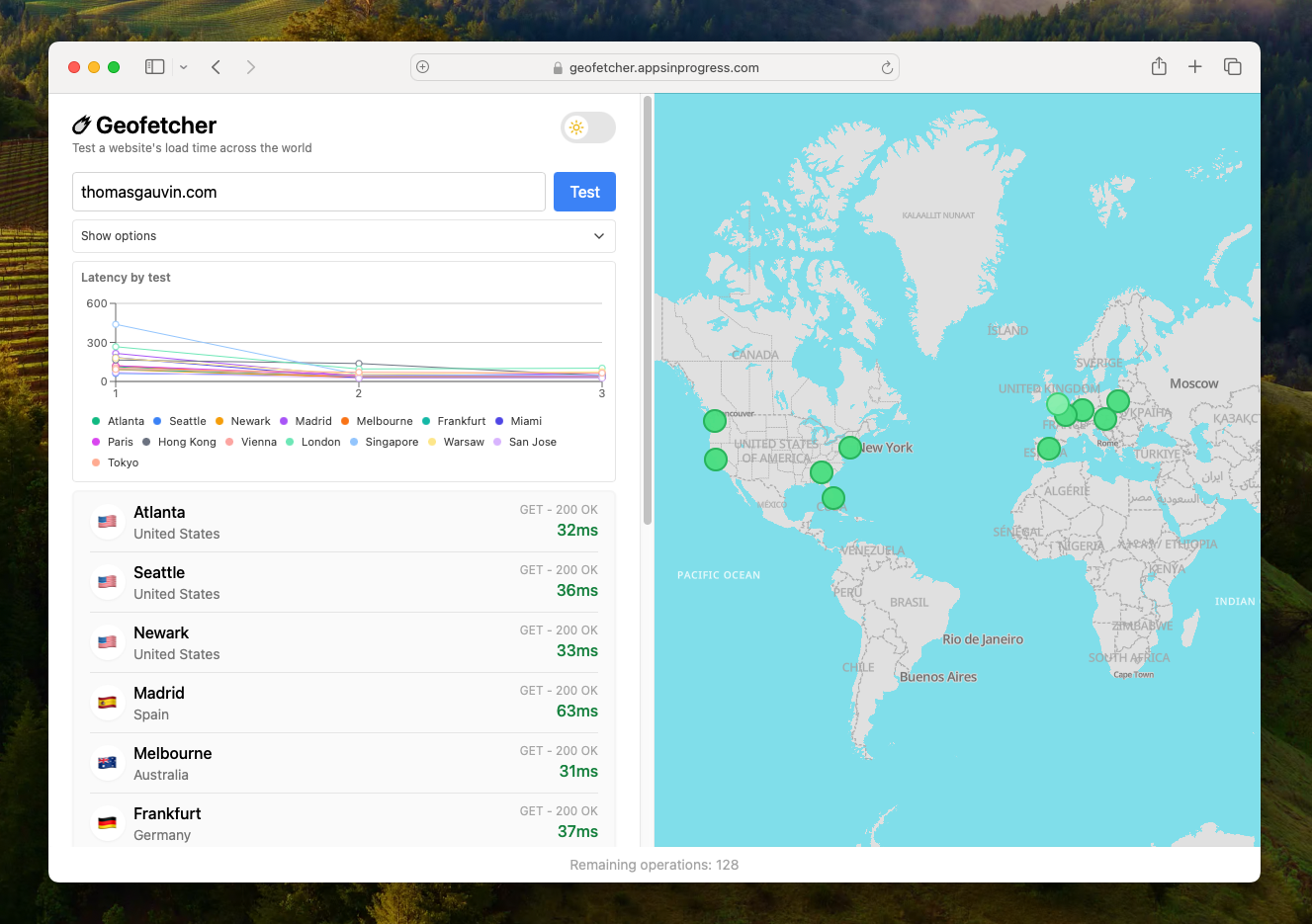 Screenshot of Geofetcher: a global website speed tester